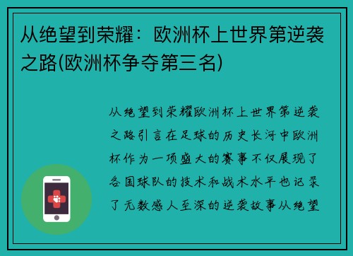 从绝望到荣耀：欧洲杯上世界第逆袭之路(欧洲杯争夺第三名)
