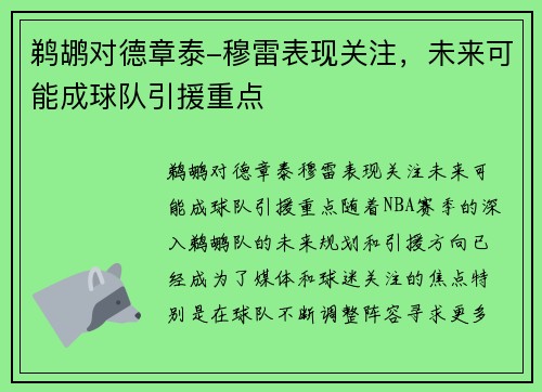 鹈鹕对德章泰-穆雷表现关注，未来可能成球队引援重点