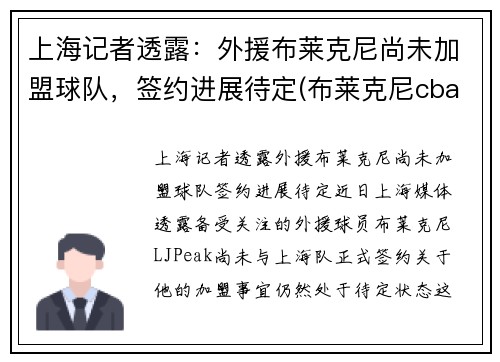 上海记者透露：外援布莱克尼尚未加盟球队，签约进展待定(布莱克尼cba数据)