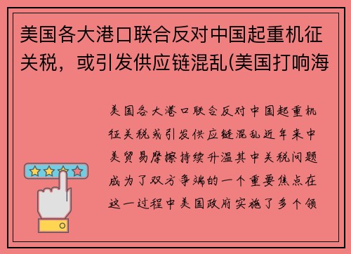 美国各大港口联合反对中国起重机征关税，或引发供应链混乱(美国打响海运反垄断第一枪)