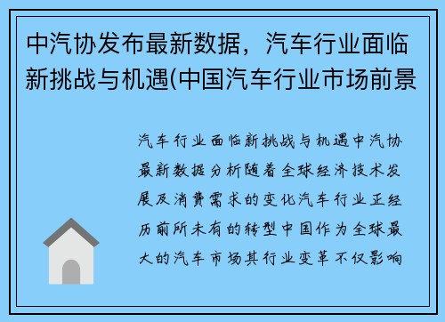 中汽协发布最新数据，汽车行业面临新挑战与机遇(中国汽车行业市场前景及投资机会研究报告)