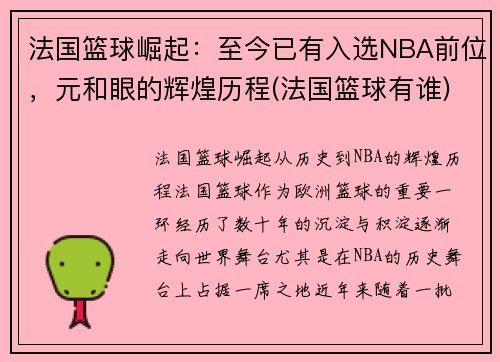 法国篮球崛起：至今已有入选NBA前位，元和眼的辉煌历程(法国篮球有谁)